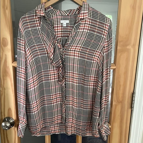 J. Jill Tops - J. Jill super soft ruffle front brown and pink Button Down Blouse medium